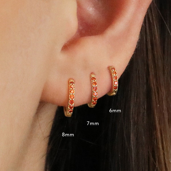 Garnet Huggie Hoop Earrings • birthstone gold hoop • cartilage hoop • hoop earrings • silver pave ring hoop • tragus hoop • small helix hoop