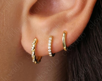 Gold Plated Sterling Silver Hoop Earring Set: Twisted & Paved Huggies