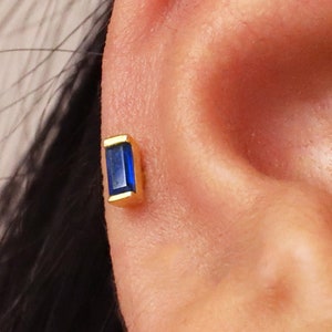 18G/16G Sapphire Baguette Cut Cartilage Gold Stud Earrings • tragus earrings • conch earrings • cartilage stud • tiny gold studs • helix