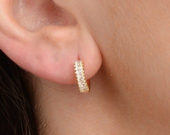 Paved Baguette Gemstone Paved Hoop Earrings • paved hoops • gold hoop earrings • delicate gemstone earrings • minimalist hoops
