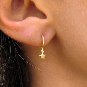 Tiny Star Dangle Hoop Earrings Gold Star Huggie Hoop Silver Star