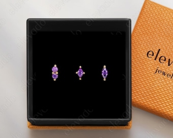 Dainty Amethyst Flat Back Earring Set: 18G/16G Gold Plated Sterling Silver