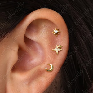 Lot de 3 • Boucles d'oreilles célestes à dos plat 16G/18G • Boucles d'oreilles cartilage étoile • Boucles d'oreilles hélice de lune • Boucles d'oreilles tragus • Boucles d'oreilles conque