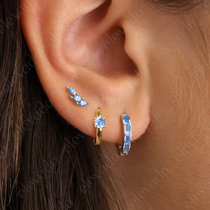 Aquamarine Huggie Hoop & Sterling Silber Ohrstecker-Set