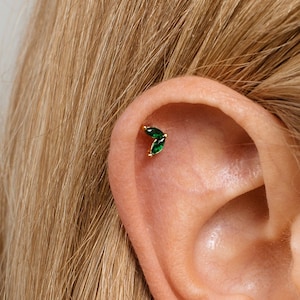 20G Emerald Marquise Cartilage Gold Stud Earrings • conch earring • tiny cartilage stud • helix stud • tragus studs • flat back labret