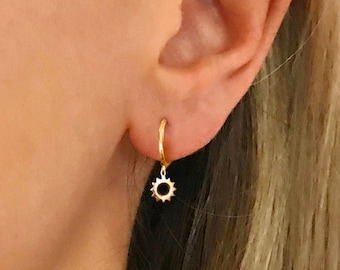 Tiny Sun Dangle Hoop Earrings • gold sun huggie hoop • silver sun hoop • sun dangle earrings • tiny gold hoops • tiny silver hoops