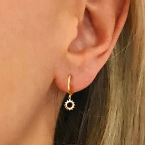 Tiny Sun Dangle Hoop Earrings • gold sun huggie hoop • silver sun hoop • sun dangle earrings • tiny gold hoops • tiny silver hoops