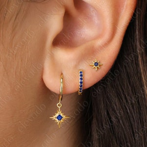 Ensemble cadeau de boucles d'oreilles saphir étoilesburst • Boucles d'oreilles Huggie saphir • Ensemble de boucles d'oreilles saphir • cadeau pour elle • cadeau pour maman • coffret cadeau