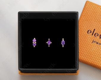Amethyst Charm Earring Set: 18G/16G Gold Plated Sterling Silver