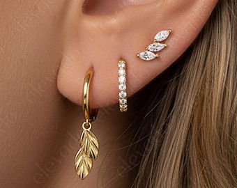 Sterling Silver Leaf Charm Hoop Earring Set • Gift Ready