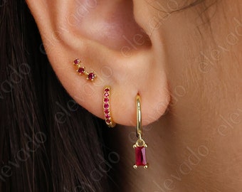 Ruby Birthstone Earring Gift Stack Set • birthstone personalized gift for her • bridesmaid gift • gift for mom • gold baguette stone hoops