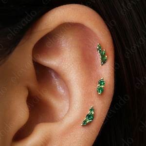 Set of 3 • 16G/18G Emerald Charm Earring Set • Emerald Cartilage Earrings • Emerald Helix Earrings • Tragus Earring • Conch Earring