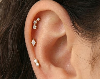 Conjunto de brincos de diamante com base plana: Prata de lei banhada a ouro 16G/18G para hélice, tragus e concha.