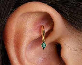 Emerald Dangle Rook Hoop Earring • 18k Gold Plated Sterling Silver