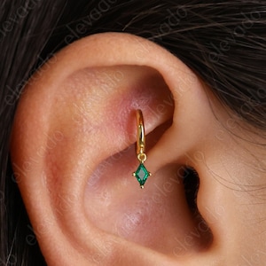Emerald Tiny Dangle Rook Hoop Earring • gemstone helix hoop • rook earring • helix peridot hoop • cartilage earring • emerald cartilage hoop