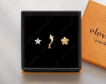 Dainty Charm Earring Set: Gold Plated Sterling Silver Flat Back Studs