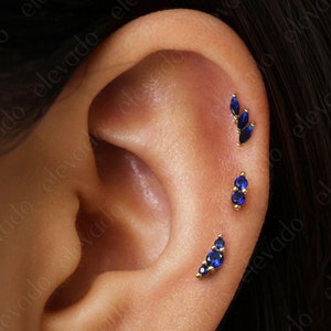 Set of 3 • 16G/18G Sapphire Charm Earring Set • Sapphire Cartilage Earrings • Sapphire Helix Earrings • Tragus Earring • Conch Earring