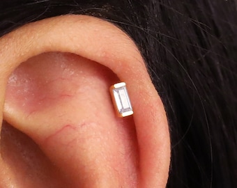 18G/16G Baguette Cut Cartilage Gold Stud Earrings • tragus earrings • conch earrings • cartilage stud • tiny gold studs • helix stud