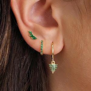 Emerald Charm Hoop Earring Set • gift for her • minimalist dainty earrings • May Emerald birthstone • christmas gift • holiday gift