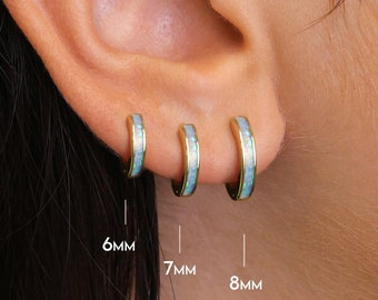 Blue Iridescent Opal Huggie Hoop Earrings • Sterling Silver