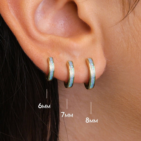 Blue Iridescent Opal Inlay Huggie Hoop Earrings • opal earrings • dainty huggie earrings • opal jewelry • elevado jewelry