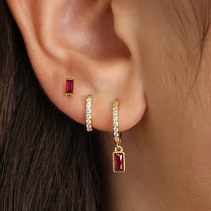 Ruby Paved Baguette Dangle Earring Gift Set • Dainty Earrings • Everyday Earrings • Birthstone Earrings • Gold earrings