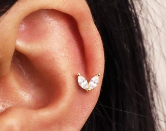 Boucles d'oreilles labret double marquise cartilage or 20G/18G à dos plat • boucle d'oreille conque • petit clou de cartilage • clou hélicoïdal • clous tragus