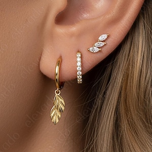 Sterling Silver Leaf Charm Hoop Earring Set • Gift Ready