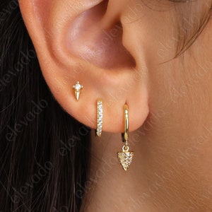 Diamond Spike Charm Hoop Earring Set • gift for her • Diamond gift • minimalist dainty earrings • April Diamond birthstone