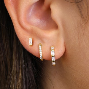 Paved Baguette Earring Gift Set • Diamond Earrings • Huggie Hoop Earrings • earring set • gift for her • gift for mom • gift set