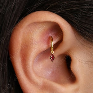 Tiny Ruby Dangle Rook Hoop Earring • gemstone helix hoop • rook earring • helix ruby hoop • cartilage earring • cartilage hoops