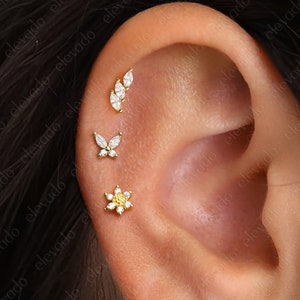 Lot de 3 • Parure de boucles d'oreilles diamant Nature 16G/18G • Boucles d'oreilles cartilage diamant • Boucles d'oreilles hélice • Boucles d'oreilles tragus • Boucle d'oreille conque