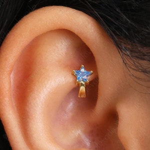 Tiny Aquamarine Star Rook Hoop Earring • star helix hoop • rook earring • cartilage earring • cartilage hoops • elevado jewelry