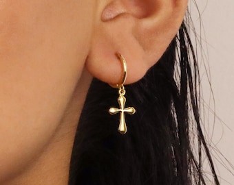 Cross Dangle Hoop Earrings • cross earrings • dainty hoops • dainty earrings • hoops with cross charm • tiny cross earrings