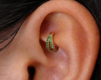 Emerald Paved Sterling Silver Clicker Hoop: Helix, Rook, Septum, Daith