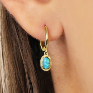 Blue Fire Opal Charm Hoop Dangle Earrings • Opal hoops • gold hoop earrings • delicate opal earrings • minimalist hoops