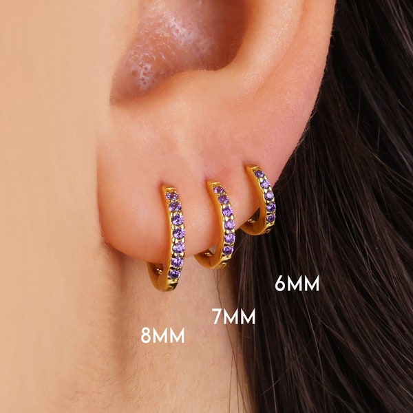 Amethyst Huggie Hoop Earrings • gold conch hoop • cartilage hoop • hoop earrings • silver pave ring hoop • tragus hoop • small helix hoop