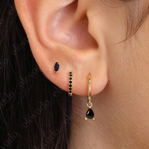 Black Onyx Teardrop Hoop Earring Set • gift for her • Black Onyx gift • minimalist dainty earrings • christmas gift • holiday gift • elevado