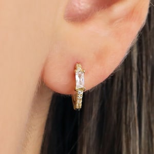 Paved Baguette Hoop Earrings • dainty hoops • gold hoop earrings • delicate emerald earrings • minimalist hoops • emerald baguette stone