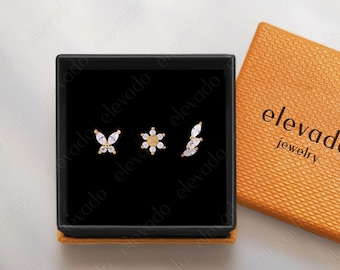 Dainty Gold Plated Sterling Silver Earring Set: Nature Inspired Flat Backs