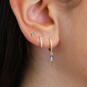 Amethyst Paved Spike Earring Gift Set • Birthstone Huggie Hoop Earring • earring gift for her • gift for mom • holiday gift set