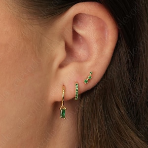 Emerald Dangle Earring Gift Set • Birthstone Earrings • Huggie Hoop Earrings • earring set • gift for her • gift for mom • gift set