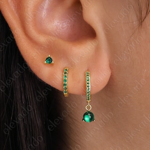 Emerald Gemstone Hoop Earring Set • gift for her • Emerald gift • minimalist dainty earrings •  Emerald earrings • May birthstone