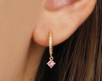 Pink Tourmaline Dangle Charm Hoop Earrings • birthstone earrings • gold hoop earrings • elevado jewelry