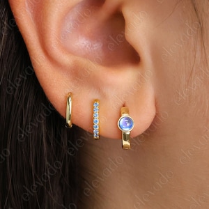 Aquamarine Huggie Hoop Ohrringe Set: Sterling Silber Schmuckstein