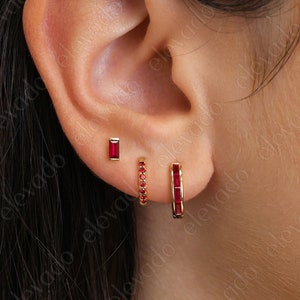 Paved Ruby Baguette Huggie Hoop Gift Set • Inlay Hoop Earrings • ruby earring set • gift ready • gift for her • gift for mom
