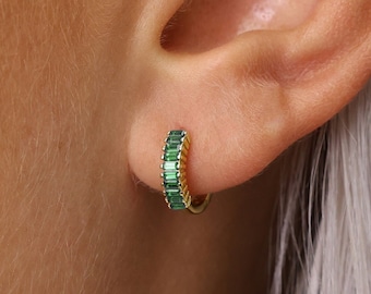 Emerald Gemstone Paved Baguette Paved Hoop Earrings • paved hoops • gold hoop earrings • delicate earrings • minimalist hoops