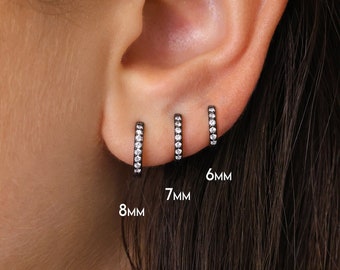 Black Huggie Hoop Earrings • black cartilage hoop • silver hoop earrings • silver pave ring hoop • tragus hoop • small helix hoop