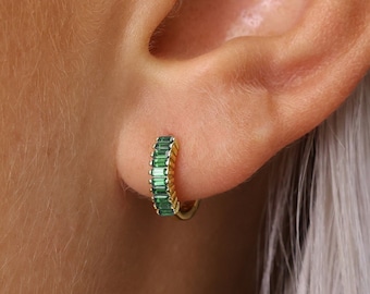 Gemstone Paved Baguette Paved Hoop Earrings • paved hoops • gold hoop earrings • delicate gemstone earrings • minimalist hoops