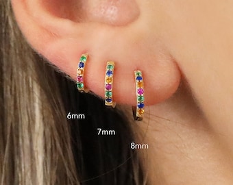 Multicolored Huggie Hoop Earrings • christmas earrings • gold conch hoop • cartilage hoop • holiday hoop earrings • tragus • rainbow earring